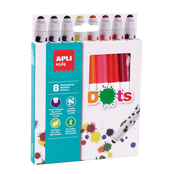 Marcadores Apli Kids Dots - Ø 14,4 x 137 mm - Corpo cilíndrico e ponta redonda bloqueada de Ø 7,5 mm