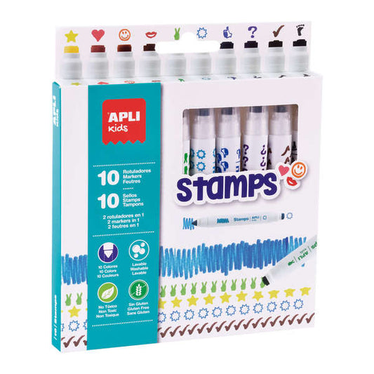 Marqueurs Apli Stamp - Ø 14,4 x 137 mm - Double pointe avec tampon et couleur - 10 couleurs/tampons différents