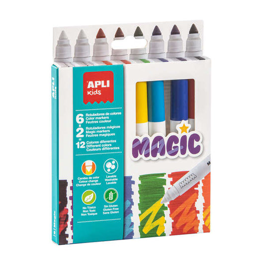 Feutres magiques Apli Kids - Ø 14,4 x 137 mm - Couleurs changeantes avec 2 feutres blancs - Corps cylindrique et revêtement en polyuréthane