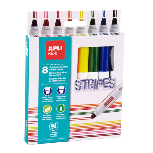Lot de 8 marqueurs Apli Stripes - Ø 14,4 x 137 mm - Pointe ronde triple bloc Double O - Lavables