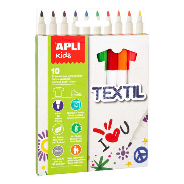 Kit com 10 Canetas Marcadoras para Tecido Apli Kids - Ponta Redonda Bloqueada Ø 2,9 mm - Tampa Anti-Sufocamento