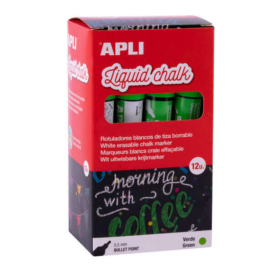 Marqueur à craie liquide vert Apli - Pointe ronde - Idéal pour tableaux noirs, plastique, fenêtres et cire