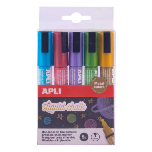 Lot de 5 marqueurs à craie liquide métallisée Apli - Pointe ronde de 5,5 mm - Effaçables facilement -
