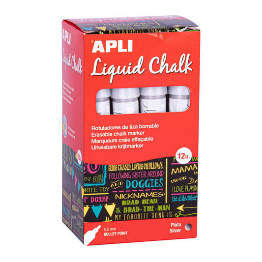 Marqueur à craie liquide Apli argenté - Pointe ronde - Idéal pour tableaux noirs, plastique, fenêtres et cire
