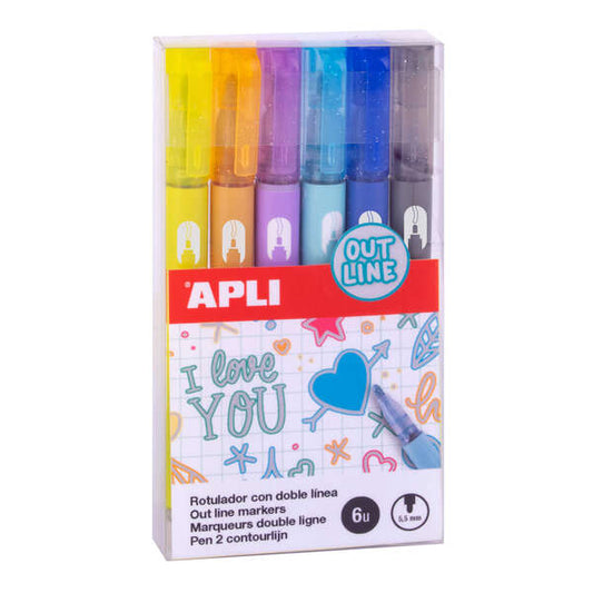 Marqueurs Apli Dual Line - 5,5 mm - À base d'alcool - Lot de 6 couleurs - Intérieur argenté pour l'écriture