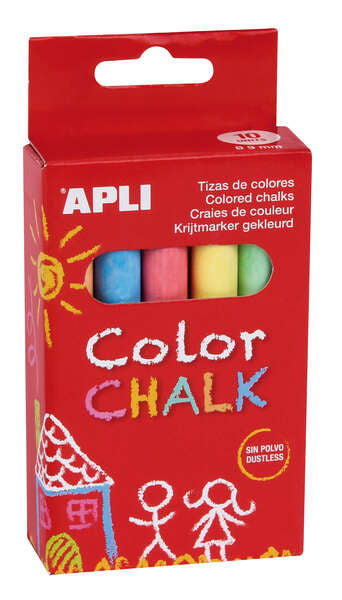 Craies rondes de couleurs assorties Apli - Lot de 10 craies Ø 9 x 80 mm - Sans poussière - Idéales pour