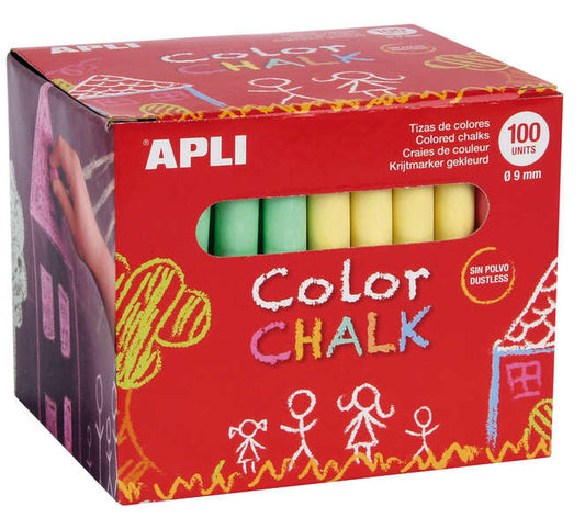 Lot de 100 craies rondes de couleurs assorties Apli Ø 9 x 80 mm - Sans poussière - Idéales pour écrire