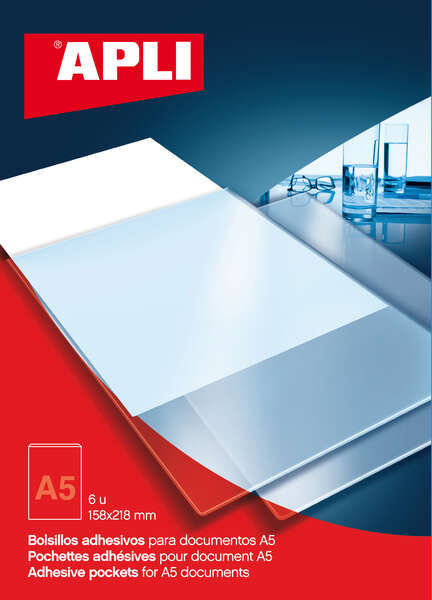 Pochettes adhésives Apli A5 - Poche supplémentaire pour documents et images - 6 unités par sachet 