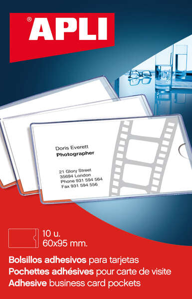 Apli Bolsillos Adhesivos Porta Tarjetas - 95 x 60mm - Ideal para Presentaciones Impresas, Dosieres, Catalogos, Libros, Planos, Archivadores, Carpesanos, Moviles y Dispositivos Electronicos - Pack de 10