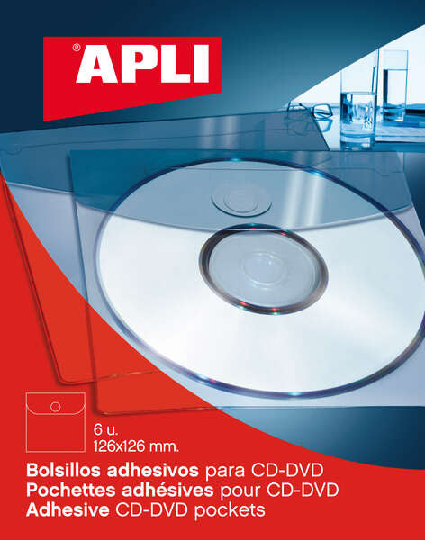 Pochettes adhésives Apli pour CD/DVD avec rabat de fermeture - Format 126 x 126 mm - Idéales pour les présentations imprimées et les classeurs - Contient 6 pochettes 