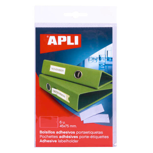 Apli Bolsillos Adhesivos para Etiquetas - 45 x 75mm - Cambia la Informacion de la Etiqueta Segun tus Necesidades - Pack de 6 Unidades