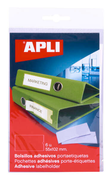 Apli Bolsillos Adhesivos para Etiquetas - 55 x 102mm - Cambia la Informacion de la Etiqueta Segun tus Necesidades - Contiene 6 Bolsillos por Bolsa