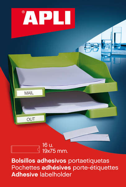 Apli Bolsillos Adhesivos para Etiquetas - Tamaño 19 x 75mm - Cambia la Informacion de la Etiqueta Segun tus Necesidades - 16 Bolsillos por Bolsa