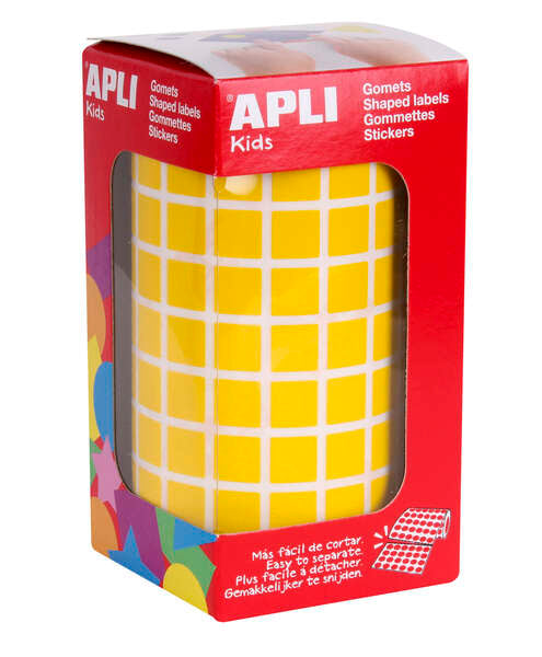 Autocolantes quadrados amarelos Apli - 10x10mm - 59 folhas pré-cortadas - 6372 autocolantes por rolo - Ideal para escolas e oficinas infantis - Em conformidade com as normas EN-71 e FSC - Adesivo à base de água - Materiais 100% recicláveis 