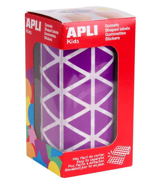 Adesivos triangulares roxos Apli 20x20x20mm - 59 folhas pré-cortadas - 2832 adesivos por rolo - Ideal para escolas e oficinas infantis - Desenvolve competências e capacidades - Em conformidade com as normas EN-71 e FSC 