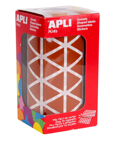 Adesivos triangulares castanhos Apli 20x20x20mm - 59 folhas pré-cortadas - 2832 adesivos por rolo - Ideal para escolas e oficinas infantis - Adesivo à base de água e sem solventes - Em conformidade com as normas EN-71 e FSC 