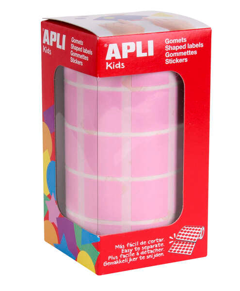 Autocolantes quadrados cor-de-rosa Apli - 20x20mm - 59 folhas pré-cortadas - 1770 autocolantes por rolo - Ideal para escolas e oficinas infantis - Em conformidade com as normas EN-71 e FSC - Adesivo à base de água - Materiais 100% recicláveis 