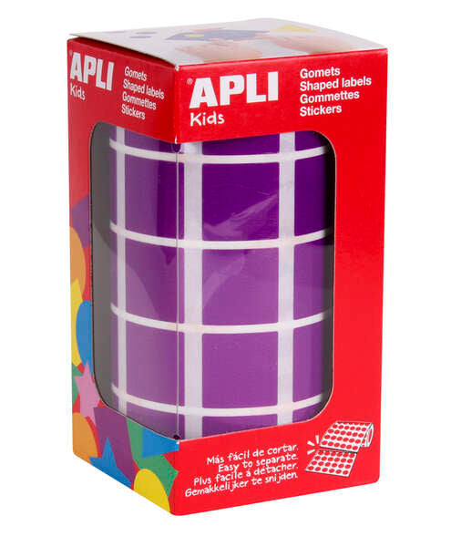 Adesivos quadrados roxos Apli - 20 x 20 mm - 59 folhas pré-cortadas - 1770 adesivos por rolo - Ideal para escolas e oficinas infantis - Em conformidade com as normas EN-71 e FSC - Adesivo à base de água - Materiais 100% recicláveis 