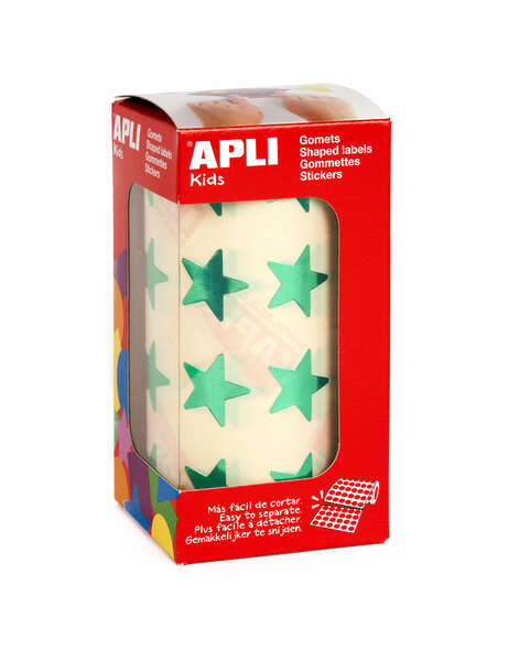Autocolantes Apli Estrelas Verde Metálico - Tamanho 19,5 mm - 1416 autocolantes por rolo - Autocolante permanente - Ideal para escolas e oficinas infantis - Cumpre as normas de qualidade e segurança 
