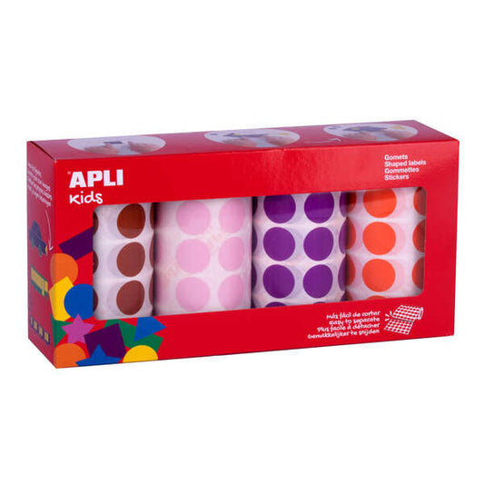 Embalagem de 4 rolos de autocolantes redondos Apli Ø 20mm - 1770 autocolantes por rolo - Autocolante permanente - 7080 autocolantes no total - Ideal para escolas de educação infantil - Cores: castanho, rosa, lilás e laranja 