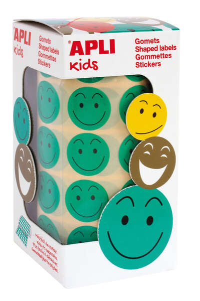 Autocolantes Apli Carinha Feliz Verde Ø 20mm - Autocolante Removível - 900 Autocolantes por Rolo - Ideal para Motivar e Recompensar Crianças 