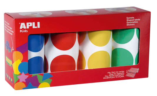 Embalagem de 4 rolos de autocolantes redondos Apli Ø 45mm - 354 autocolantes por rolo - Autocolante permanente - 1416 autocolantes no total - Ideal para escolas de educação infantil - Cores: azul, vermelho, amarelo e verde 