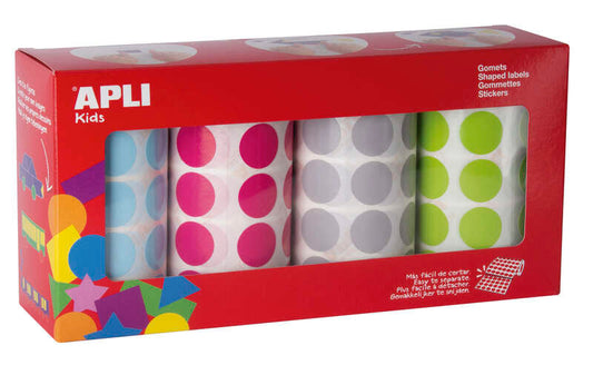 Embalagem de 4 rolos de autocolantes redondos Apli Ø 20mm - 1770 autocolantes por rolo - Autocolante permanente - 7080 autocolantes no total - Ideal para escolas de educação infantil - Cores: Azul claro, Fúcsia, Cinza e Verde claro 