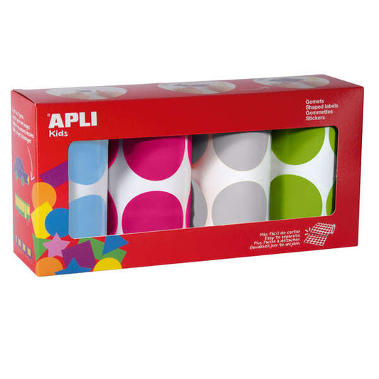 Embalagem de 4 rolos de autocolantes redondos Apli Ø 45mm - 1416 autocolantes por embalagem - Autocolante permanente - Desenvolvimento de competências em crianças pequenas - Cores sortidas 