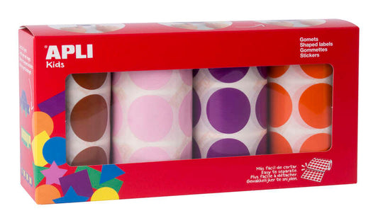 Embalagem de 4 rolos de autocolantes redondos Apli Ø 33mm - 708 autocolantes por rolo - Autocolante permanente - 2832 autocolantes no total - Ideal para escolas de educação infantil - Cores: castanho, rosa, lilás e laranja