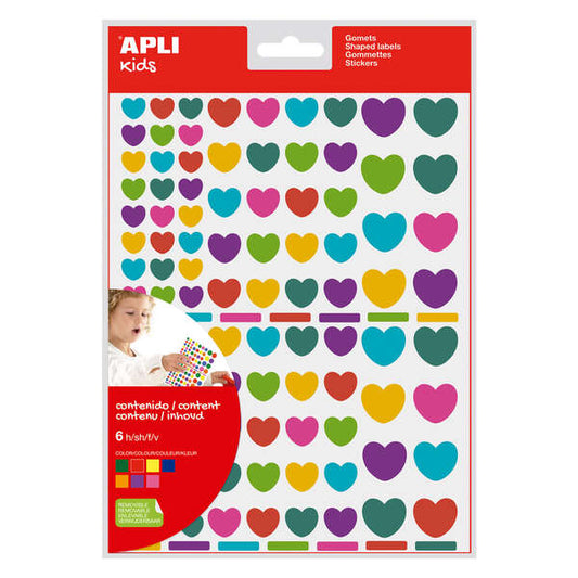 Pack de 624 autocolantes em forma de coração da Apli, com autocolante removível - Ideal para pré-escolas - Desenvolvimento de competências e criatividade - Cores e tamanhos variados 