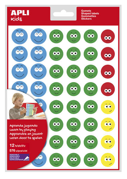 Autocollants Visage Heureux Apli II - 576 autocollants par sachet - 4 styles de visage différents - Motivent et récompensent les enfants - Leur apprennent à exprimer leurs émotions - Adhésif à base d'eau - Sans solvant 