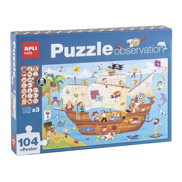 Apli Puzzle Observacion Barco Pirata de 104 Piezas de 5x5cm - Incluye Poster y 3 Fichas - Facil Manejo - Desarrolla Habilidades y Autoestima - Recomendado para Niños a partir de 5 Años
