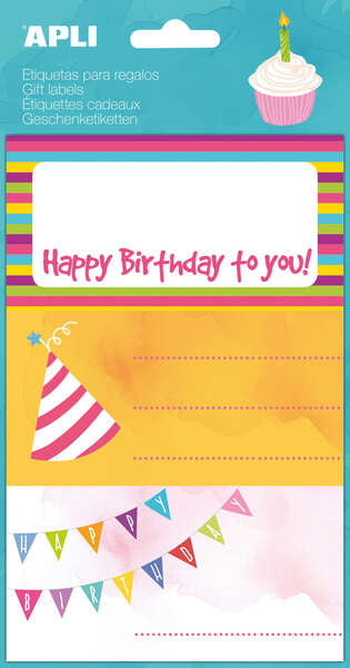Apli Etiquetas Adhesivas Happy Birthday - Tamaño 76x39mm - 9 Etiquetas en 3 Hojas - Adhesivo Permanente de Alta Calidad - Ideal para Marcar e Identificar Regalos - Diseño Alegre y Colorido - Prinkweb