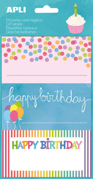 Apli Etiquetas Adhesivas Color Birthday - Tamaño 76x39mm - 9 Etiquetas de Alta Calidad - Adhesivo Permanente - Ideal para Regalos - Color Blanco - Prinkweb