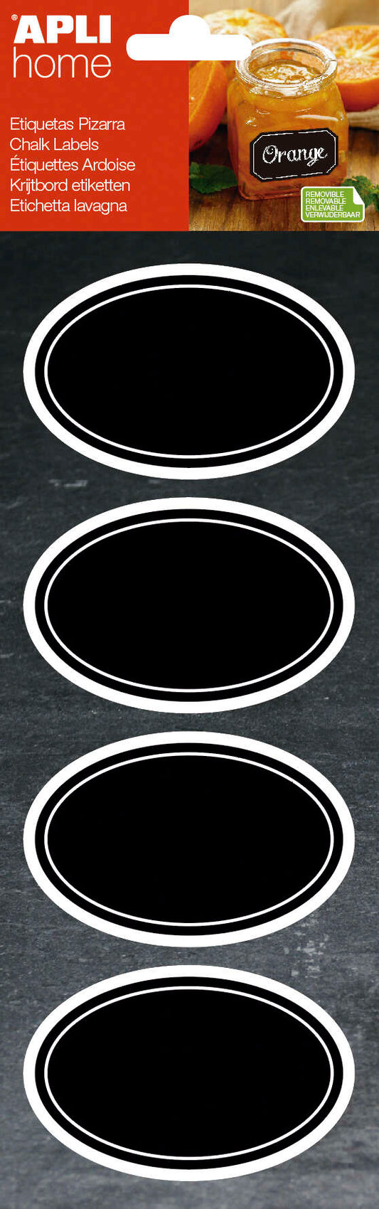 Apli Etiquetas Pizarra Ovaladas 80x50mm - Adhesivo Removible - 2 Hojas (8 Etiquetas) - Tiza Liquida o Convencional - Borrado Facil - Rotuladores Permanentes - Color Negro - Prinkweb