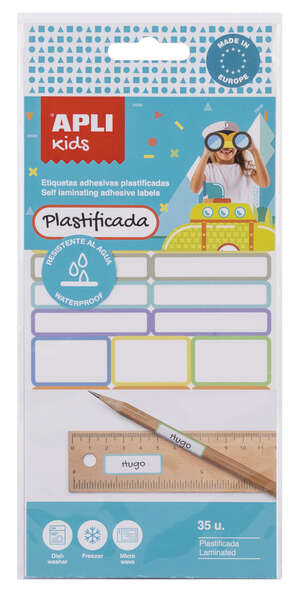 Apli Kids Pack de 35 Etiquetas Plastificadas Surtidas - Tres Tamaños: 46.5x10mm (14), 30.5x19mm (3), 30.6x11mm (18) - Alta Calidad y Durabilidad - Film Protector para Mayor Resistencia - Color Blanco - Prinkweb