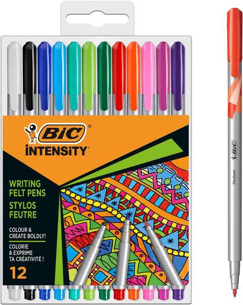 Conjunto de 12 marcadores Bic Intensity Medium - Ponta média de 0,8 mm - Tinta à base de água - Coloridos