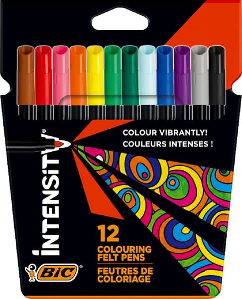 Lot de 12 marqueurs Bic Intensity - Pointe 0,9 mm - Encre lavable à base d'eau - Couleurs assorties
