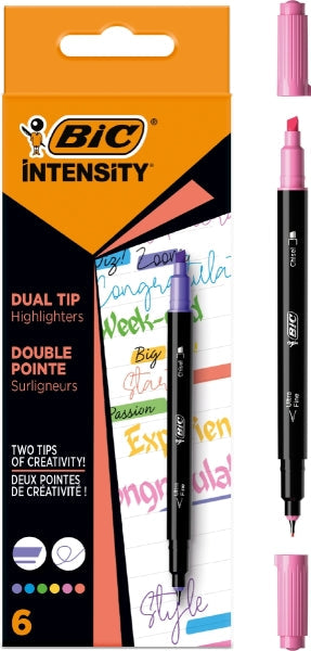 Lot de 6 marqueurs à double pointe Bic Intensity - Pointe biseautée + Pointe fine 0,04 mm - T