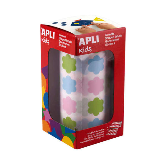 Rouleau de 900 autocollants en forme de fleurs Apli Kids - Adhésif à base d'eau - Sans solvant - Matériaux 100 % recyclables - Bleu pastel, vert et rose 