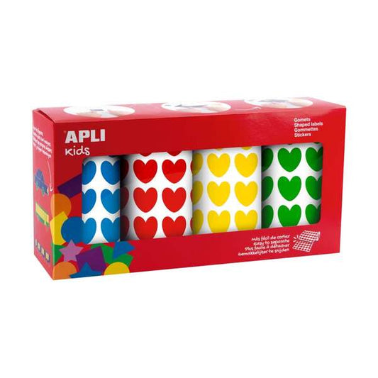 Embalagem de 4 rolos de autocolantes de coração da Apli - 1770 autocolantes por rolo - Autocolante permanente - 7080 autocolantes no total - Ideal para pré-escolas - Cores: azul, vermelho, amarelo e verde 