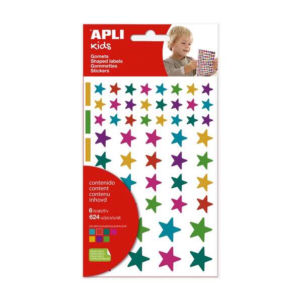 Pack de 624 autocolantes de estrelas Apli Kids - Autocolante removível - Tamanhos e cores sortidos 