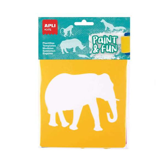 Conjunto de 6 stencils de animais da selva Apli Kids - 9 formatos de animais - Polipropileno flexível - Lavável - Cores sortidas