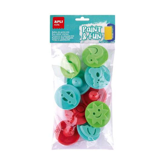 Kit de Pintura e Diversão Apli Kids com 10 Carimbos de Espuma EVA para Carimbar - Com Cabo de Plástico - Formas e Cores Sortidas 