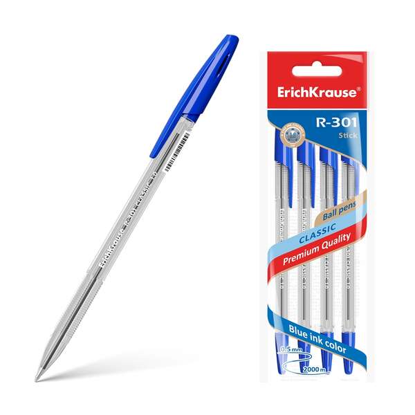 Pack de 4 canetas Erichkrause R-301 Classic Stick 1.0 - Corpo hexagonal transparente - Ponta