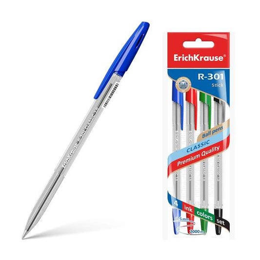 Lot de 4 stylos à bille Erichkrause R-301, pointe de 1,0 mm, trait de 0,5 mm, encre à séchage rapide