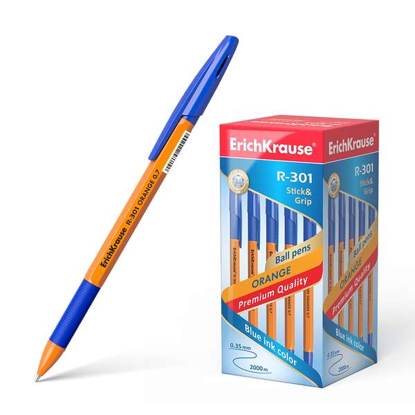 Caneta Esferográfica Erichkrause R-301 Stick&amp;Grip - Corpo Hexagonal Laranja - Ponta 0,7mm - Tinta de Secagem Rápida