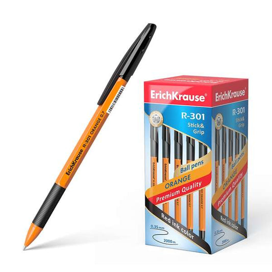 Stylo bille Erichkrause R-301 Stick&amp;Grip 0,7 mm - Corps orange avec grip en caoutchouc - Encre à séchage rapide