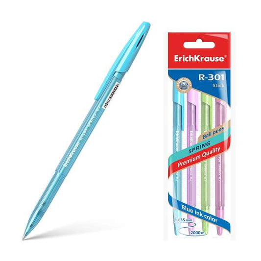 Lot de 4 stylos à ressort Erichkrause R-301, pointe fine 0,7 mm, corps hexagonal translucide, encre SE.
