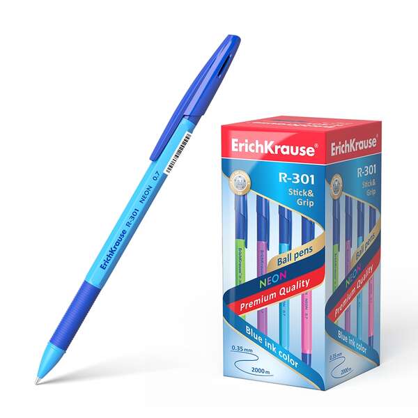 Stylo bille Erichkrause R-301 Neon Stick&amp;Grip 0,7 mm - Corps hexagonal translucide - Zone de préhension